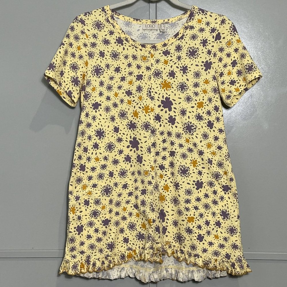 LOGO by Lori Goldstein Yellow Floral Ruffle Hem Top Short Sleeve Cotton Modal XS